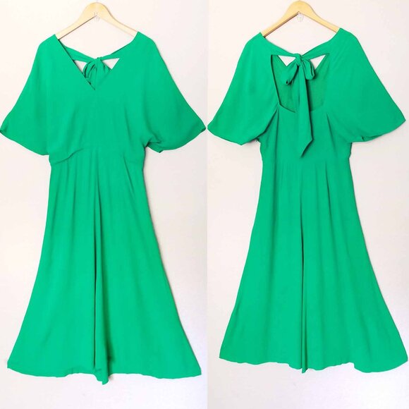 Whistles Kelly Green Zelena Midi Dress 10 Crepe Flutter Sleeves Bow Back $320 - Picture 14 of 14